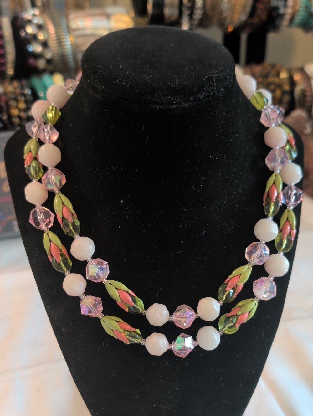 Rare Vintage Pink & Green Beaded Double-Strand Necklace Unsigned